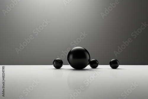  a group of black balls sitting on top of a white table next to a black and white wall with a light shining on the top of the wall behind them.