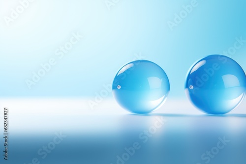  a couple of blue balls sitting next to each other on a blue and light blue surface with a light blue back ground and a light blue back ground behind them.