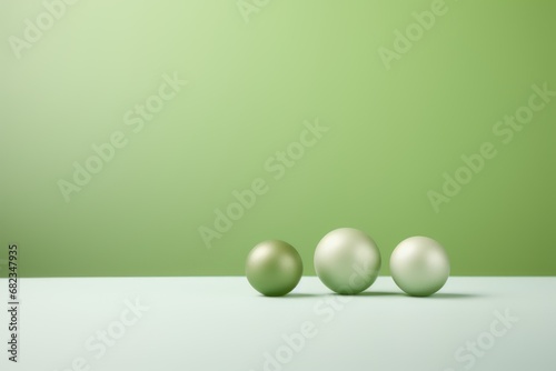  a group of three white eggs sitting on top of a white table next to a green and white wall with a light green wall in the middle of the background.