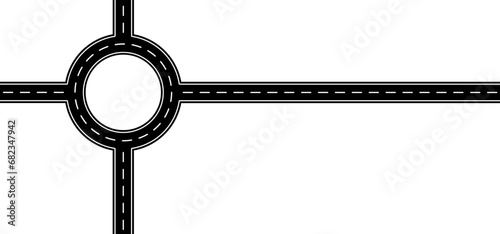 Roundabout, intersection. Winding road. Curved road with white markings. Asphalt roadway with turns. Curve way or asphalt highway or city street. Winding route, rotunda. traffic circle, congestion. photo