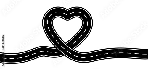 Love, heart, road knot, Intersection. Winding road. Curved road with white markings. Asphalt roadway with turns. Curve way or asphalt highway or city street. Valentine, valentines day.