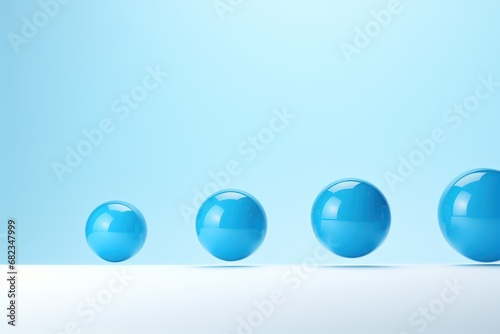  a row of blue balls sitting on top of a white table next to a blue wall and a light blue wall with a light blue sky in the back ground.