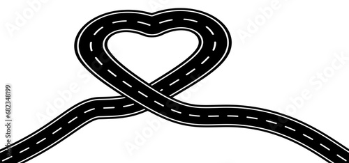 Love, heart, road knot, Intersection. Winding road. Curved road with white markings. Asphalt roadway with turns. Curve way or asphalt highway or city street. Valentine, valentines day.