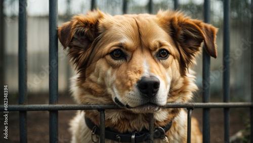 Stray dog sits behind bars in dog shelter and waiting an owner for adoption