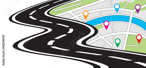 Winding road. Curved road with white markings. Road with gps pins or pointer pin. Curve way or asphalt highway or city street. Winding route template. Flat parts road wavy. Path wave. Pins location. 