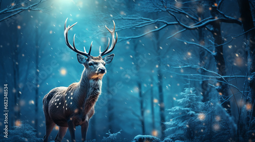 Winter landscape with deer in the forest at night background.
