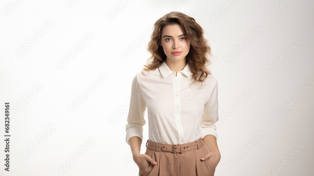 The portrait of an attractive business woman in a white shirt blouse and kaki brown pants with curly healthy blond or hazelnut brown hair while putting hands in pants pockets. Generative AI. The portrait of an attractive business woman in a white shirt blouse and kaki brown pants with curly healthy blond or hazelnut brown hair while putting hands in pants pockets. Generative AI.