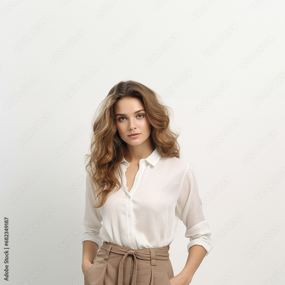 The portrait of an attractive business woman in a white shirt blouse and kaki brown pants with curly healthy blond or hazelnut brown hair while putting hands in pants pockets. Generative AI. The portrait of an attractive business woman in a white shirt blouse and kaki brown pants with curly healthy blond or hazelnut brown hair while putting hands in pants pockets. Generative AI.