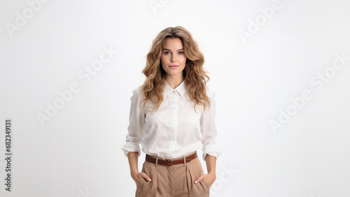 The portrait of an attractive business woman in a white shirt blouse and kaki brown pants with curly healthy blond or hazelnut brown hair while putting hands in pants pockets. Generative AI.
