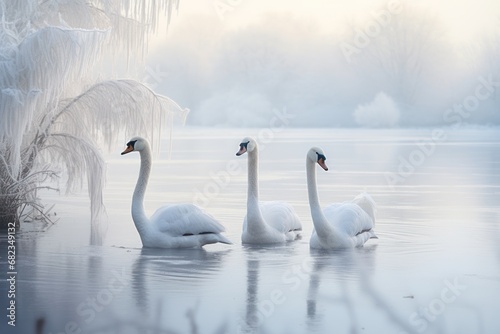  a group of swans swimming on top of a lake next to a tall reedy tree in a foggy, foggy, and frosty, wintery landscape. photo