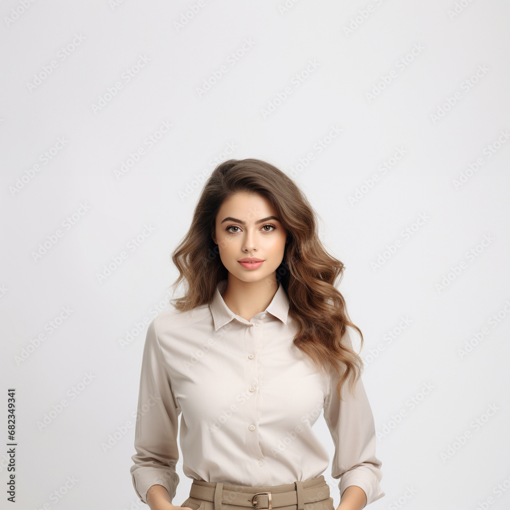 The portrait of an attractive business woman in a white shirt blouse and kaki brown pants with curly healthy blond or hazelnut brown hair while putting hands in pants pockets. Generative AI. The portrait of an attractive business woman in a white shirt blouse and kaki brown pants with curly healthy blond or hazelnut brown hair while putting hands in pants pockets. Generative AI.
