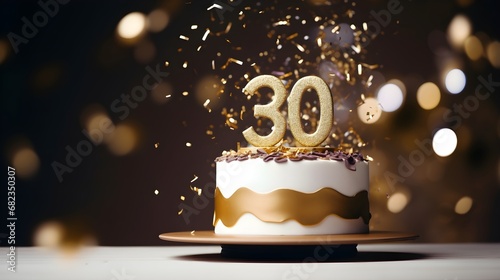 White and golden cake with number 30 on a table decorated for a party celebration photo