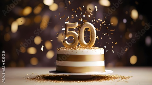 White and golden cake with number 50 on a table decorated for a party celebration © Premium_art