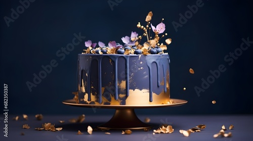Festive cake with blueberries and blue flowers on a table decorated for a party celebration