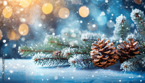 winter christmas background with fir tree branch and cones