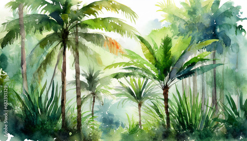 palm trees in a jungle forest decorative watercolor painting landscape generative ai © Kelsey