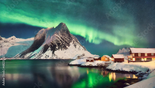 incredible snowy winter landscape with aurora borealis over sakrisoy village lofoten islands norway vivid northern lights during polar night above reine fjord iconic location for photographers photo