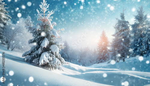 merry christmas and happy new year greeting background with copy space beautiful winter landscape with snow covered trees © Kelsey