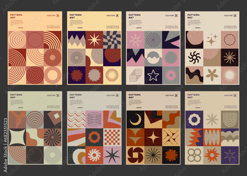Cool Swiss Design Posters Collection. Set Of Bauhaus Print Patterns Vector Design. Abstract Geometric Placards. Brutalist Shapes.