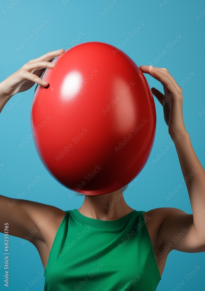 A woman wearing a green blouse has a red egg instead of a head. Surreal funny Easter concept. Generative AI A woman wearing a green blouse has a red egg instead of a head. Surreal funny Easter concept. Generative AI