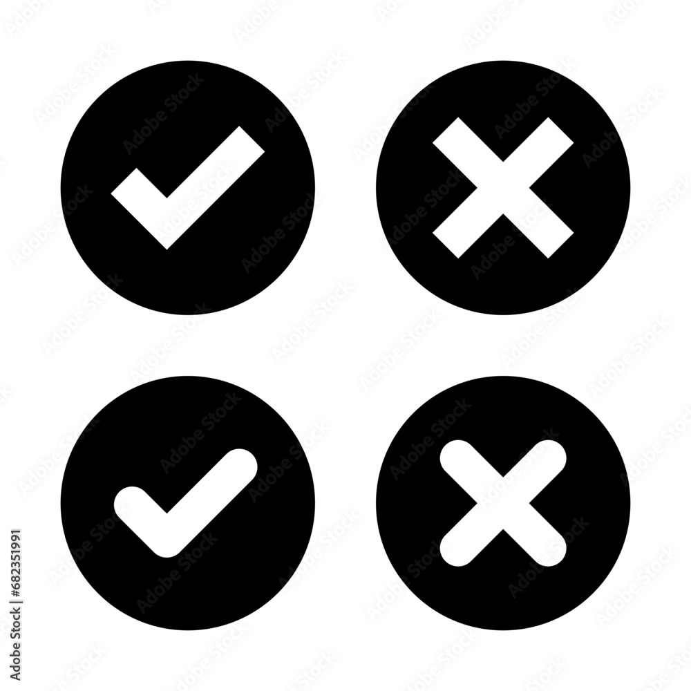 Checkmark and x mark icon vector in black circle. Check and cross sign symbol Checkmark and x mark icon vector in black circle. Check and cross sign symbol