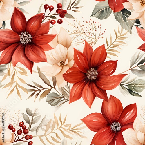 Poinsettia flowers Seamless pattern background  vintage watercolor style.
