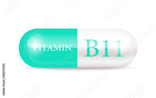 Capsule vitamin B11 (Thiamine) structure green, white. Vitamin complex with chemical formula. Drug business concept. Personal care, beauty concept. 3D Vector Illustration. transparent capsule pill.	