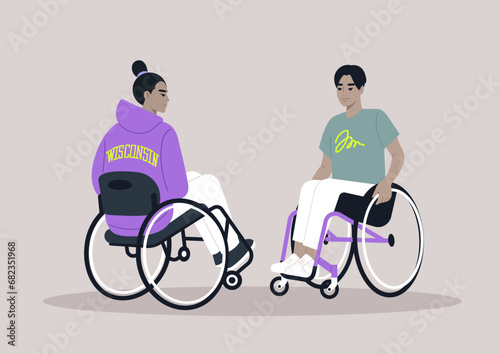 Two individuals in wheelchairs engage in a casual conversation, sharing moments in their everyday routine with ease and camaraderie