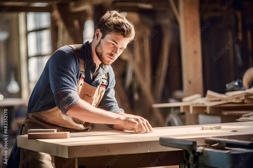 Young caucasian male carpenter working in woodworking workshop Young caucasian male carpenter working in woodworking workshop