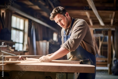 Young caucasian male carpenter working in woodworking workshop
