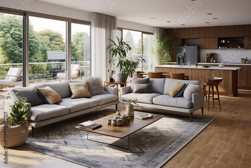 The landscape view of a cozy white and warm wood living room with a comfort sofa set and other wood furniture at a resident place with natural light. Generative AI.
