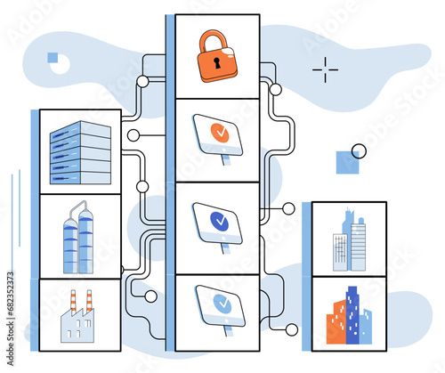 Industrial cyber security. Vector illustration. Software solutions provide essential tools for managing industrial cyber security Innovation drives technological advancements while introducing