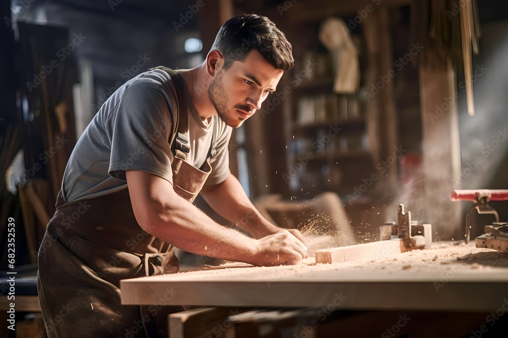 Young caucasian male carpenter working in woodworking workshop - obrazy, fototapety, plakaty 