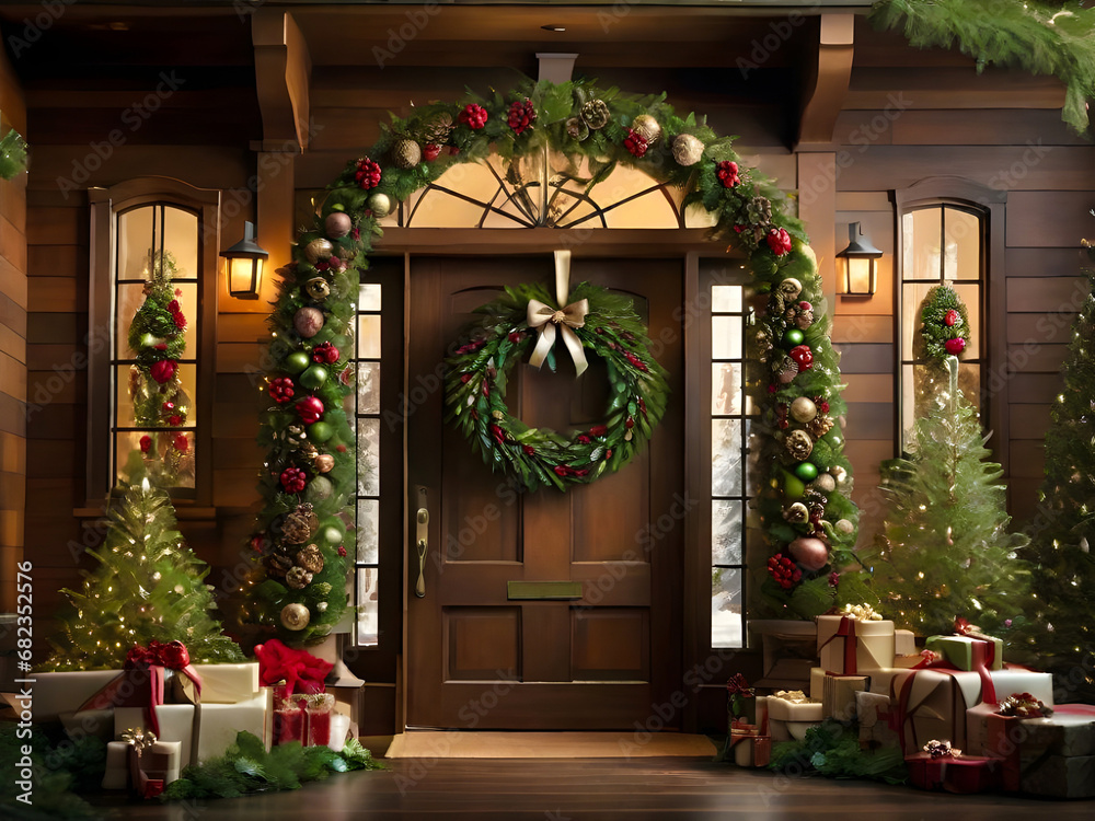 Merry Christmas decoration at the entrance door of the house, Christmas wreath and traditional tree and gifts decoration.