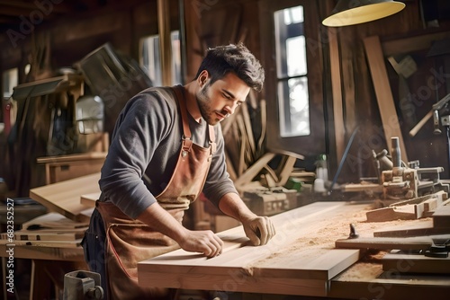 Young caucasian male carpenter working in woodworking workshop photo