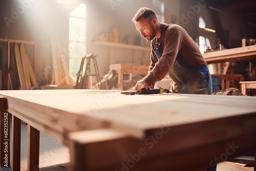 Young caucasian male carpenter working in woodworking workshop