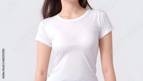 White T-Shirt Mockup on Female Model. Blank White T Shirt for Mockup on Woman Model. White Round Neck Tee Design Template on Female Model.