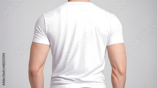 White T-Shirt Mockup on Male Model. Blank White T Shirt for Mockup on Muscular Guy Model. White Round Neck Tee Design Template on Male Model. View from the Back.
