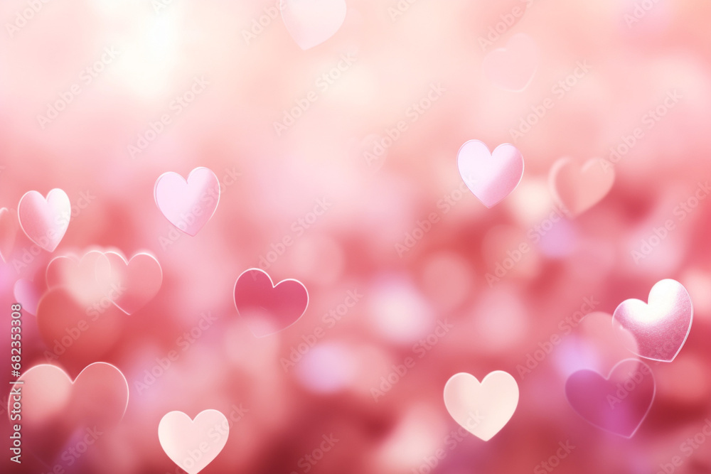 The romantic abstract wallpaper of many transparent pink heart shapes and hearts and round bokeh light on the gradient of old rose, pink, beige, and orange color background. Love symbol. Generative AI