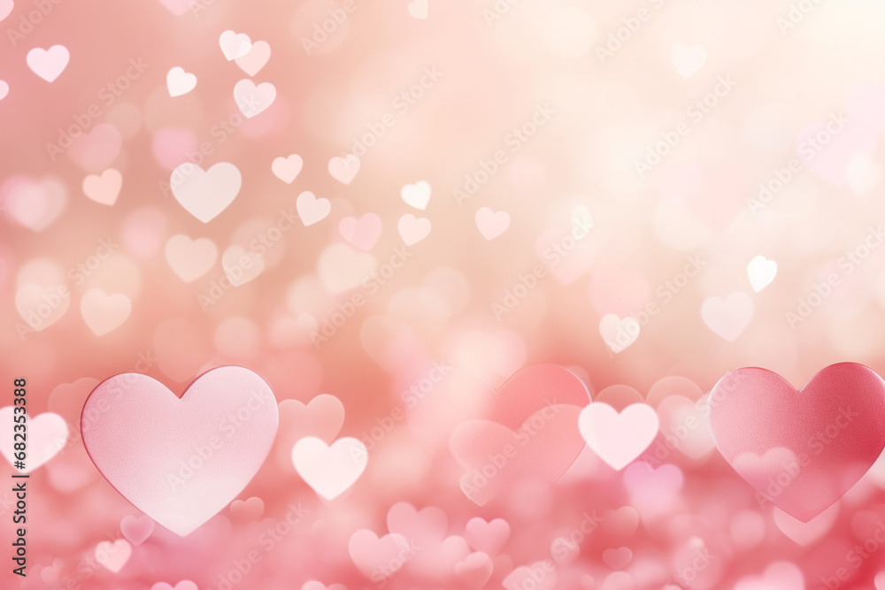 The romantic abstract wallpaper of many transparent pink heart shapes and hearts and round bokeh light on the gradient of old rose, pink, beige, and orange color background. Love symbol. Generative AI