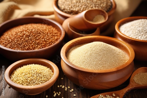 Types of grains that are used in vegan diets, such as buckwheat, quinoa, and millet.