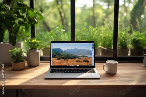 Scenic Nature View from Table with Laptop, Emphasizing Remote Work Flexibility