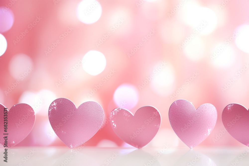 The romantic abstract wallpaper of many transparent pink heart shapes and hearts and round bokeh light on the gradient of old rose, pink, beige, and orange color background. Love symbol. Generative AI