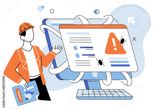 Industrial cyber security. Vector illustration. Viruses and malware pose significant risks to integrity industrial systems Privacy regulations aim to protect sensitive business information Factories