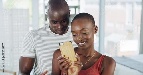 Smile, selfie and couple in a house with phone for photography, moment or memory in their home. Smartphone, app and happy black people in living room for profile picture, post or social media upload photo