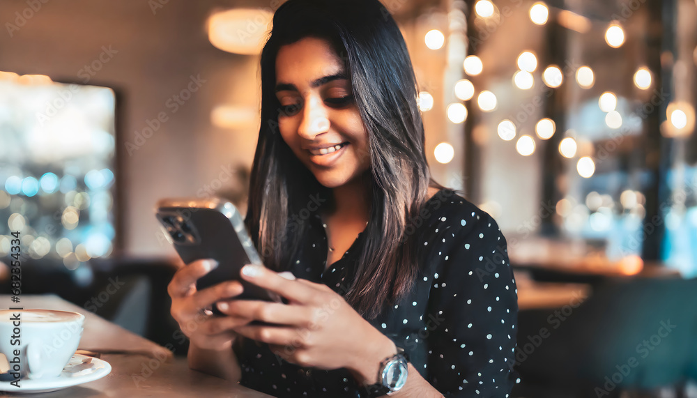 young businesswoman checking mobile phone in restaurant cafe