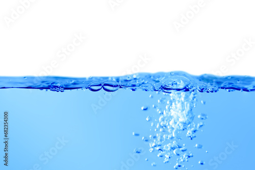 Blue water surface with splashes and bubbles on white background.