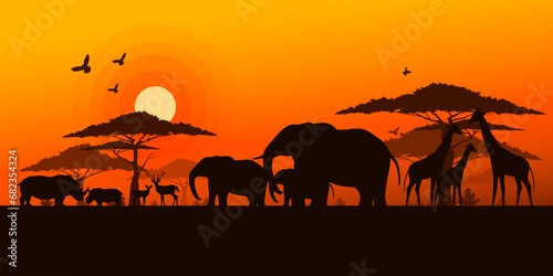 Silhouette of wildlife family on sunset sky background, Wildlife and Ecology of grassland savanna, Environment and Wild animals conservation, National park in Africa, Eco friendly, World wildlife day.