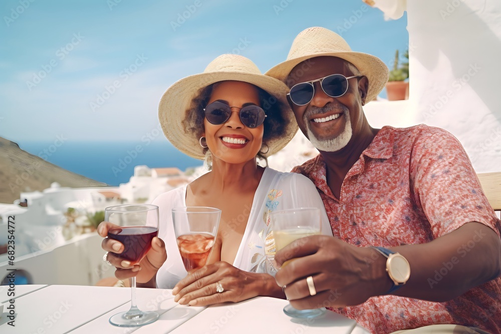 Happy senior African couple drinking in Santorini, Greece