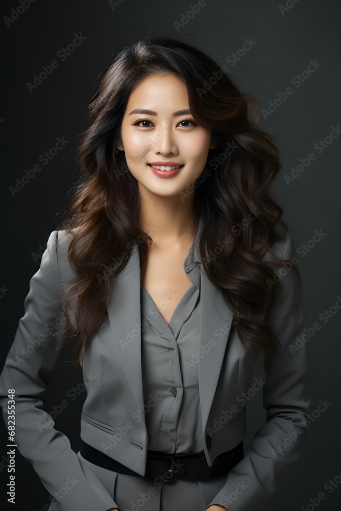 A portrait of a confident, smiling Asian businesswoman posing for a corporate photograph in a studio. A portrait of a confident, smiling Asian businesswoman posing for a corporate photograph in a studio.